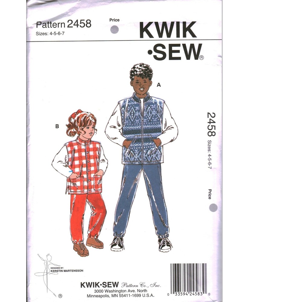 Kwik Sew 2458 Kids Vest and Pants Sewing Pattern Sizes 4-5-6-7 Polar Fleece